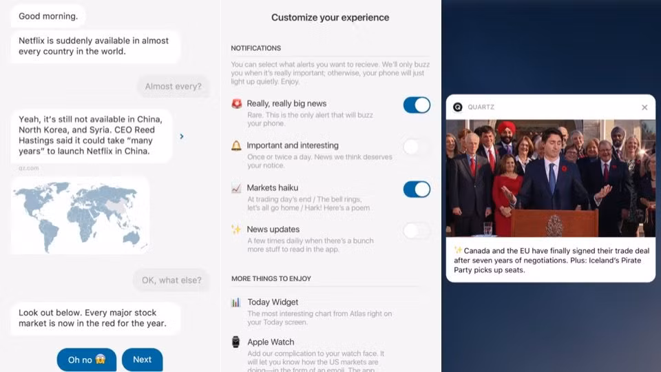 Quartz là ứng dụng tin tức dưới dạng chat vô cùng thú vị, mang đến nhiều biểu tượng cảm xúc dễ thương. Ứng dụng cung cấp tiêu đề tin, người dùng lựa chọn các cuộc hội thoại và nhấn nút trả lời.