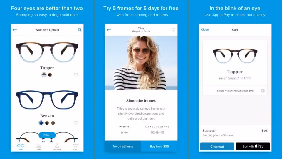 Ứng dụng Glasses by Warby Parker cho phép bạn mua các loại kính mắt và thanh toán bằng Apple Pay.