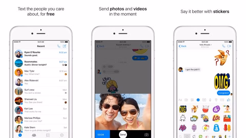 Với Facebook Messenger, bạn có thể dễ dàng trò chuyện với tất cả bạn bè trên Facebook một cách nhanh chóng. Bạn có thể nhắn tin với một người, một nhóm người, ghi âm tin nhắn hoặc gọi điện cho bất kỳ ai.