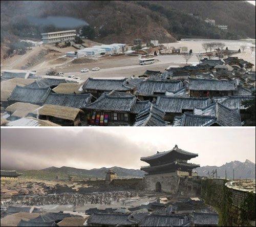 Cảnh quay hoành tráng trong phim Dong Yi thực chất là sự chắp ghép giữa phần mềm sửa ảnh và một cảnh trong phim hiện đại. Ảnh: Zing.