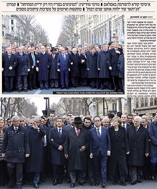 Tờ báo The Announcer của Israel bị chỉ trích vì bức ảnh Photoshop đã xóa ảnh Thủ tướng Đức Angela Merkel ra khỏi hàng ngũ 40 lãnh đạo thế giới diễu hành tại Paris (Pháp) sau thảm sát tòa soạn báo Charlie Hebdo.