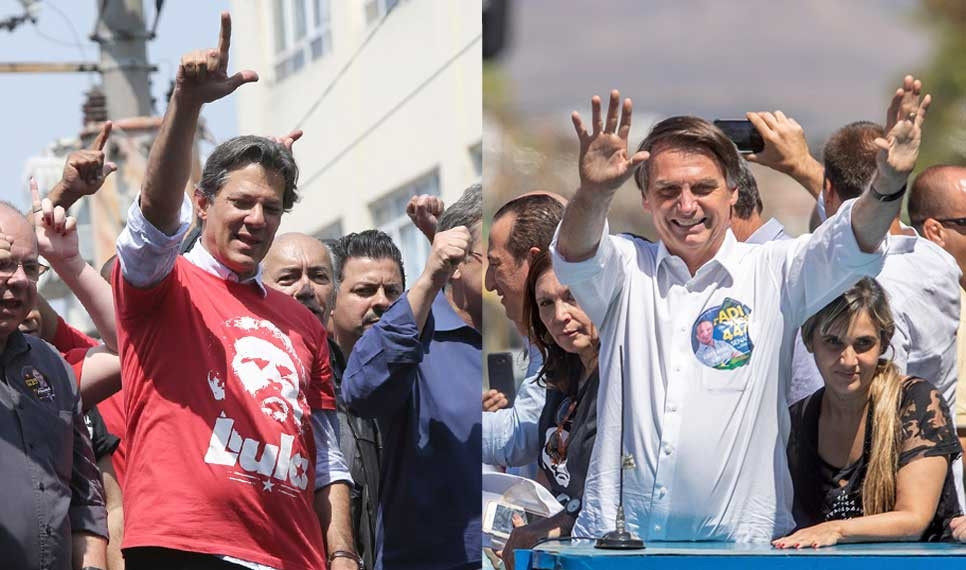 Trong vòng bầu cử sơ bộ của cuộc bầu cử Tổng thống Brazil hôm 7/10, ứng viên Bolsonaro (phải) giành chiến thắng áp đảo với 43% số phiếu ủng hộ, vượt xa người về nhì là ông Haddad (trái) với chỉ 29% phiếu bầu. Cuộc bỏ phiếu vòng 2 dự kiến diễn ra ngày 28/10. Các cuộc thăm dò dư luận cho thấy Bolsonaro đang dẫn trước với 58% tỷ lệ ủng hộ. Theo BBC, ứng viên Haddad gặp bất lợi lớn do nhiều thành viên đảng Công nhân của ông vừa dính vào các vụ bê bối tham nhũng. Ảnh: AP.