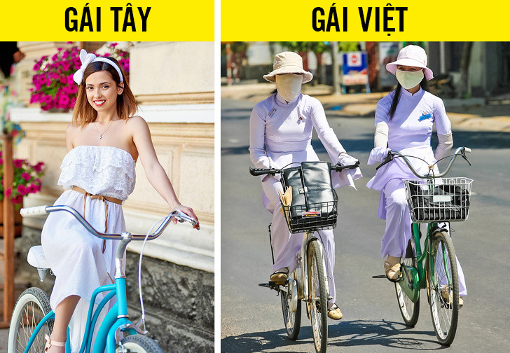  5. Người Việt thích da trắng: Cũng như nhiều nước châu Á thì phụ nữ Việt cũng quan niệm da trắng là đẹp và quyến rũ. Vì vậy họ thường che chắn rất kỹ khi ra nắng, Snezhana cho biết. Snezhana chia sẻ, khi trời nóng, gái Việt thường quấn những chiếc "váy" tránh nắng nhìn như tạp dề, đeo găng tay dài, khẩu trang kín mít và mặc áo dài tay. Ngoài ra khẩu trang cũng giúp họ tránh bụi bẩn trên đường phố.