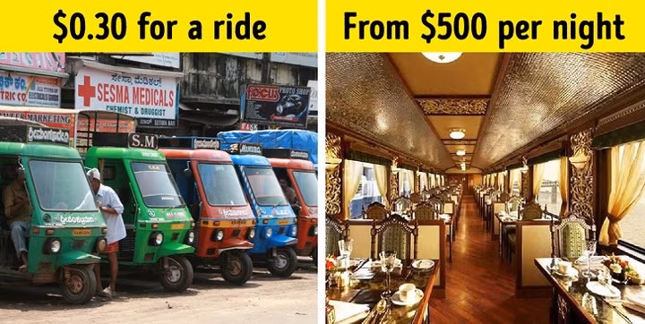 Giao thông. Hãy cẩn thận trên đường vì không có quy tắc nào ở đây. Mức độ thoải mái trong giao thông công cộng phụ thuộc vào giá cả. Ví dụ, với mức vé rẻ nhất, hành khách sẽ ngồi trên sàn, nơi để hành lý. Nếu bạn trả tiền nhiều hơn, bạn có thể ngồi trong khoang có điều hòa. Nếu bạn muốn sự sang trọng thực sự, hãy chọn tàu tốc hành Maharajas. Đây là chuyến tàu tốt nhất ở châu Á.