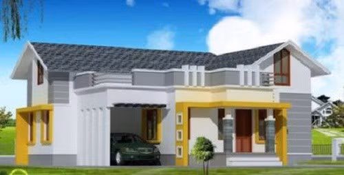 Ngôi nhà hình chữ L đẹp hài hòa với sự kết hợp của gam màu trắng và hệ mái xám. Ảnh: Bannhabinhduong.