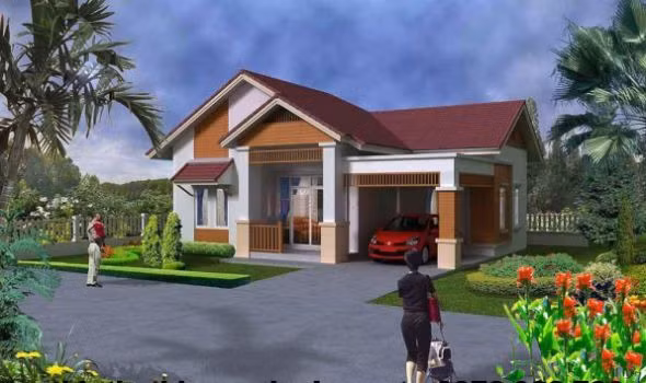 Kiến trúc mái thái được thiết kế để tiết kiệm chi phí xây dựng. Phần sảnh đón khách được làm bằng mái ngói với cột chống, 1 bên là cửa chính, 1 bên là cửa vào gara ô tô. Ảnh: Xaydungthanhnien.