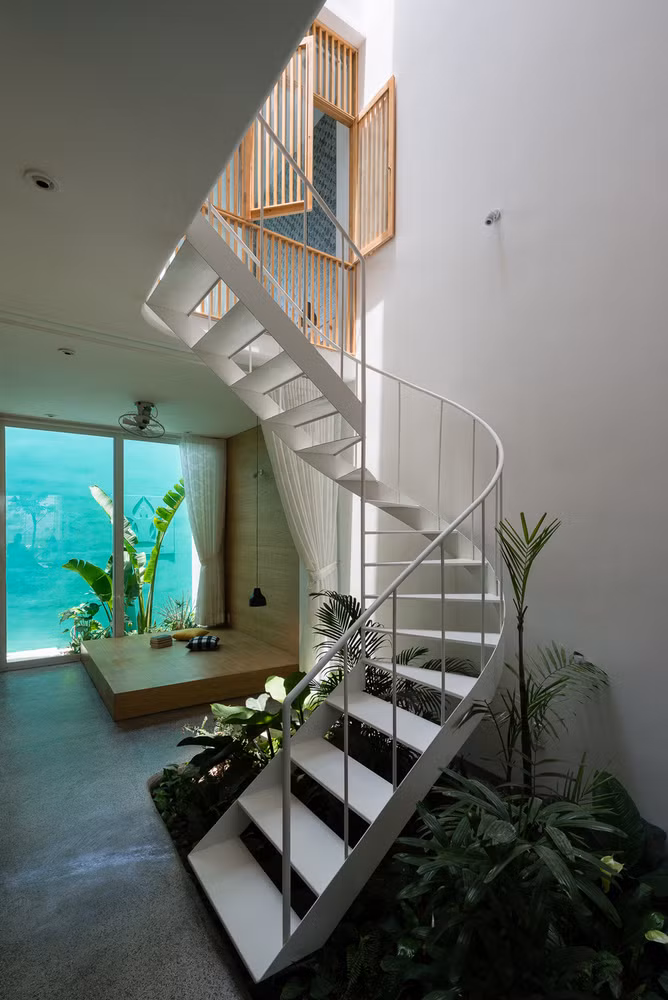 Từ chân cầu thang...