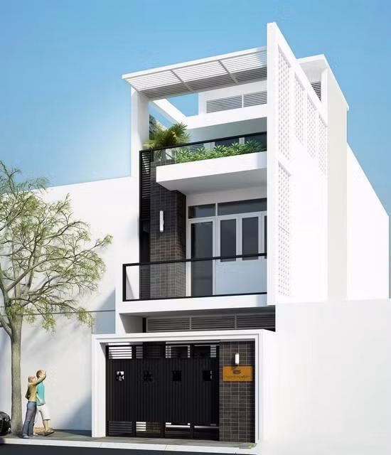 Nhà phố hiện đại được thiết kế mái bằng có sân thượng phía trên gác mái, ban công hướng ra mặt tiền. Ảnh: Nhadepvuonxinh.