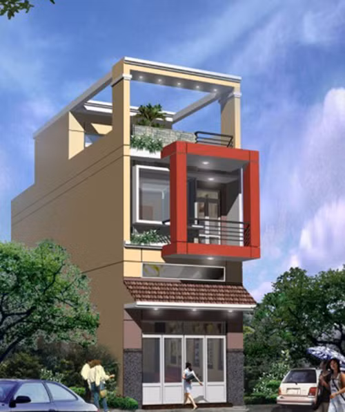 Kiến trúc nhà phố 2 tầng, 1 lửng ấn tượng với tông màu đỏ kết hợp màu xám. Ảnh: Thietkethicongnhadep.