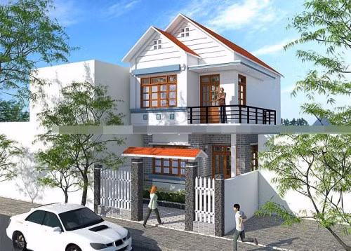 Mẫu nhà 2 tầng được thiết kế khá đơn giản với kiến trúc mái thái, phía trên ban công được thiết kế rộng rãi với lan can bằng thép hộp màu đen. Ảnh: Thietkethicongnhadep.