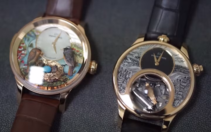 Được sản xuất vào năm 2014, đồng hồ chim hót được xem là chiếc đồng hồ cơ học đầu tiên có thể phát ra âm thanh giống như tiếng chim hót. Ảnh: Youtube.