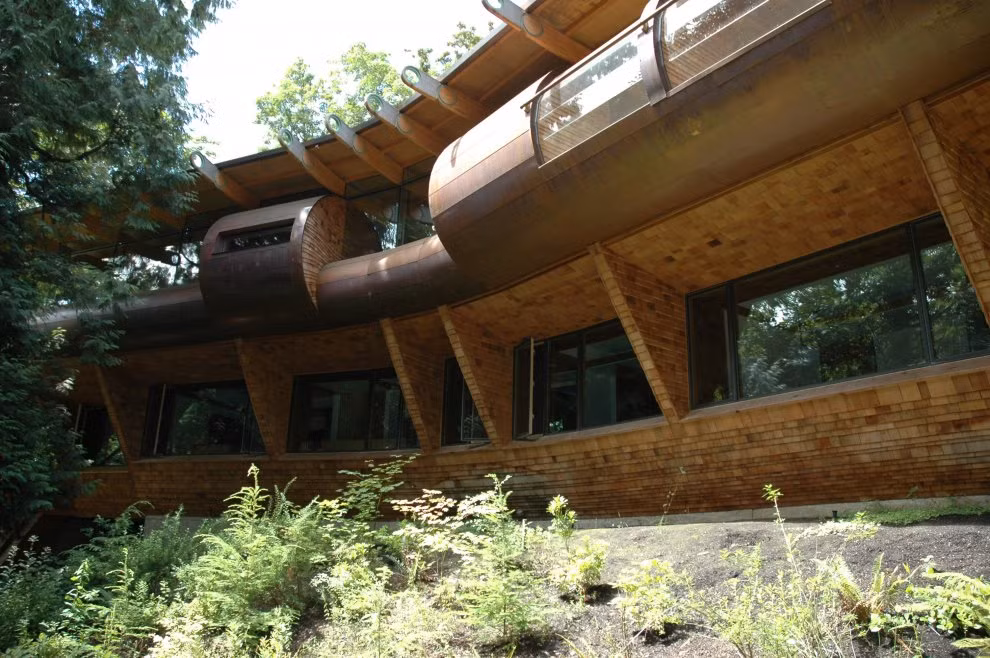 Những đường cong gợi cảm giúp ngôi nhà gỗ trở nên hòa hợp với môi trường xung quanh. Ảnh: HomeDSGN.