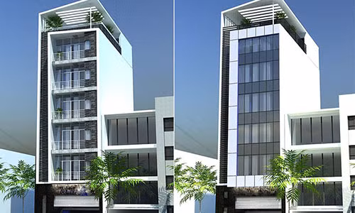 Ngôi nhà được thiết kế theo phong cách hiện đại, có hầm để xe cho ô tô và xe máy. Thay vì trụ cột cầu kỳ, công trình sử dụng khối hình chữ nhật hiện đại. Ảnh: Architectviet.