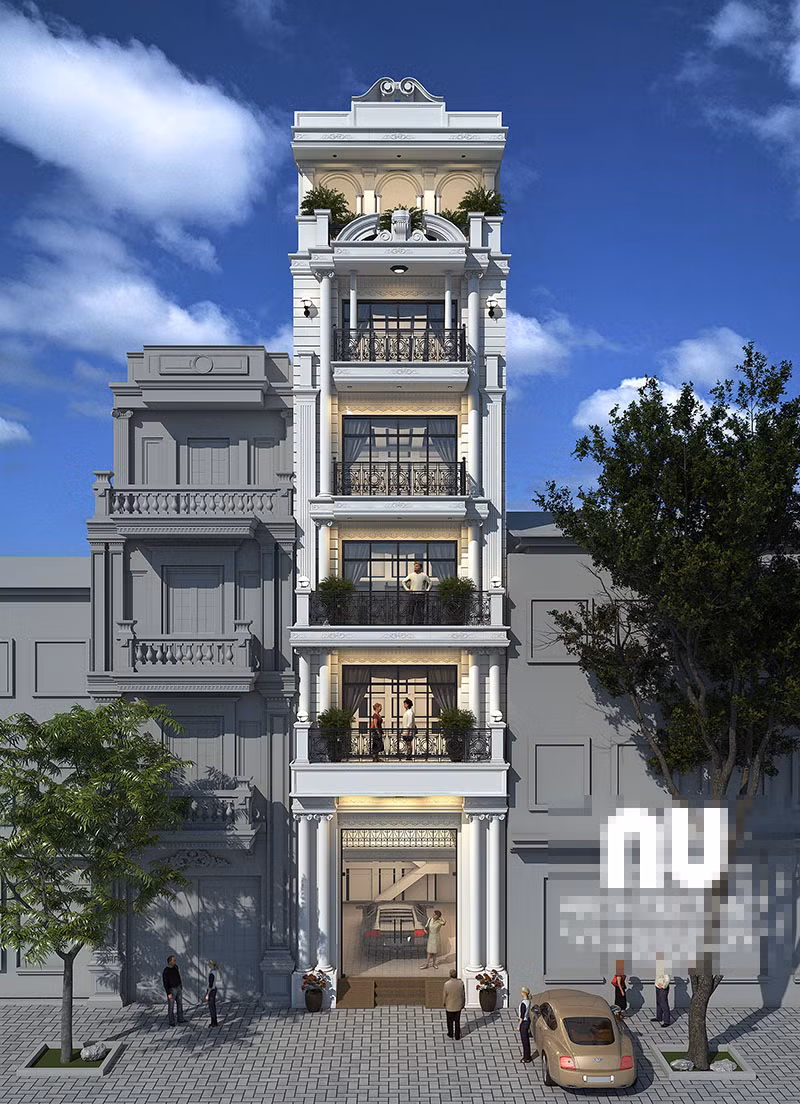 Với chiều ngang khiêm tốn, kiến trúc sư thiết kế nhà phố 6 tầng phong cách tân cổ điển với không gian sống thông thoáng. Tầng 1 là không gian để xe, từ tầng 2 là phòng khách, phòng ngủ, phòng sinh hoạt chung và phòng thờ. Ảnh: Architectviet.