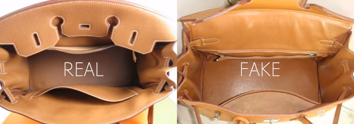 Bên trong túi được làm nhẵn và không trơn. Màu sắc bên trong túi Hermes thật và giả cũng khác nhau. Ảnh: Bagbible.