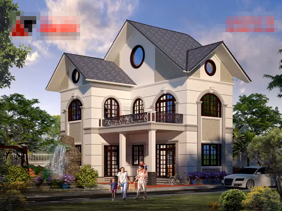 Những ô cửa hình tròn và họa tiết lan can ban công cầu kỳ là điểm nhấn độc đáo của công trình. Ảnh: Angcovat.