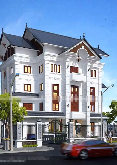 Căn biệt thự phố mang đậm phong cách tân cổ điển với những chi tiết thiết kế độc đáo, tông màu sang trọng. Ảnh: Kientrucanhung