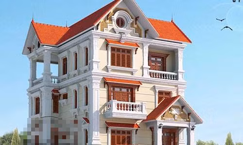 Biệt thự kiểu Pháp sử dụng hệ mái ngói đỏ tươi, phối màu hài hòa với cửa gỗ tạo nhịp điệu cho mặt tiền. Ảnh: Nhasang