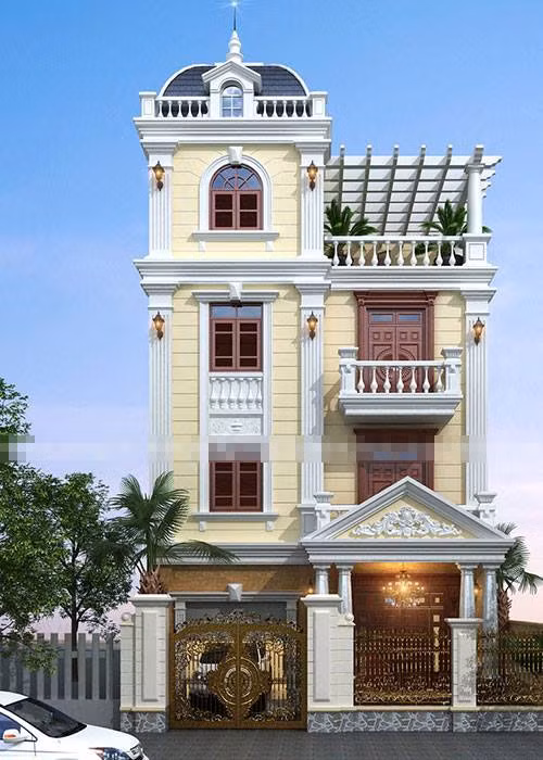 Ngôi biệt thự 4 tầng được thiết kế theo phong cách nhẹ nhàng lược bớt hoa văn cầu kỳ vốn có của phong cách cổ điển châu Âu nhưng vẫn giữ lại những đường nét cơ bản để tạo nên sự nhẹ nhàng cuốn hút. Ảnh: Nhadepdonga