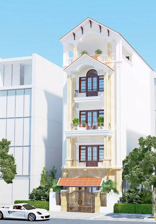 Cổng nhà mái thái góp phần cho ngôi nhà trở nên hoành tráng mà không lạc nhịp. Ảnh: Kientrucadong.