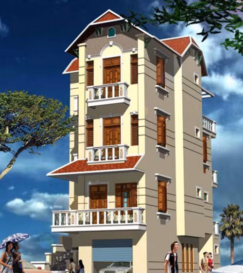 Biệt thự được thiết kế một bên là khu vực gara để xe và phòng khách, một bên là cầu thang ngoài trời đi lên tầng 2. Ảnh: Thietkethicongnhadep.