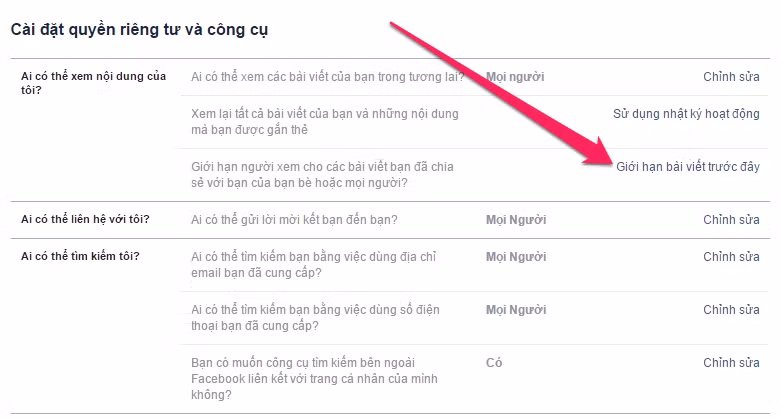 Tiếp theo, các bạn chọn vào Giới hạn bài viết trước đây > Giới hạn bài viết cũ. Lưu ý: Thay đổi toàn bộ này không thể được hoàn tác trong một cú nhấp chuột. Nếu sau này bạn đổi ý, bạn sẽ phải thay đổi đối tượng xem của từng bài viết một.