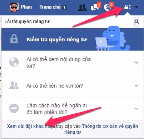 Đầu tiên, các bạn nhấn vào biểu tượng Riêng tư, chọn Xem cài đặt khác.