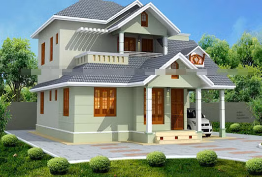 Mái hiên chữ A kép màu xám nổi bật giữa không gian xanh mướt. Ảnh: Houseland.