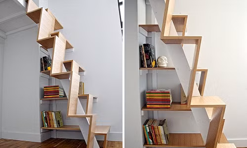 Những bậc cầu thang gắn luân phiên vào một thanh trụ và khá thẳng giúp người dùng dễ di chuyển và lại không tốn quá nhiều diện tích.