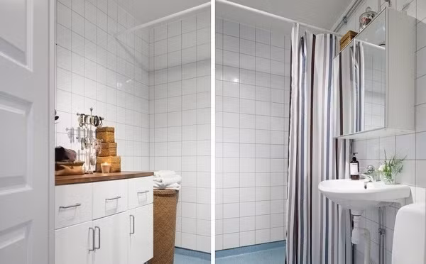 Phòng tắm nhỏ được bố trí các vật dụng cần thiết cho cuộc sống sinh hoạt hàng ngày. Thêm điểm nhấn từ lọ hoa nhỏ xíu trên chậu rửa, sàn nhà được ốp gạch xanh xám giúp căn phòng thêm cảm giác mát mẻ, dễ chịu.