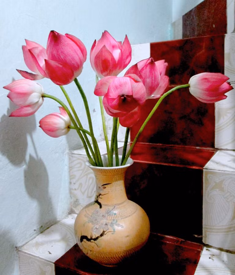 Đặt bình hoa sen tại cầu thang tạo sự phá cách trong trang trí nhà. Ảnh: Vinaflower.