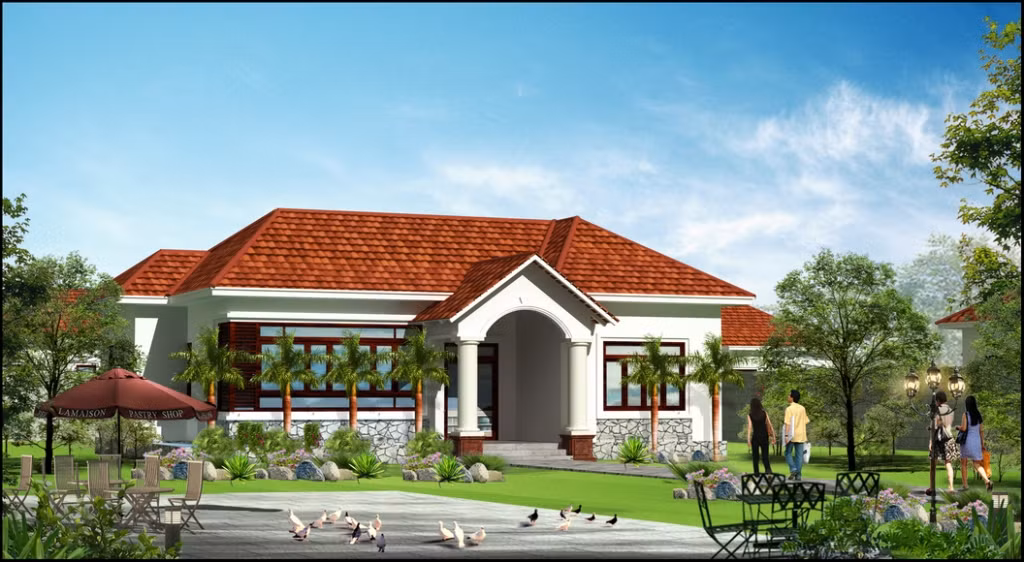 Sân vườn biệt thự kiểu nông thôn giản dị với cỏ cây hoa lá, hồ nước xanh ngắt. Ảnh: Saigonlandscape.