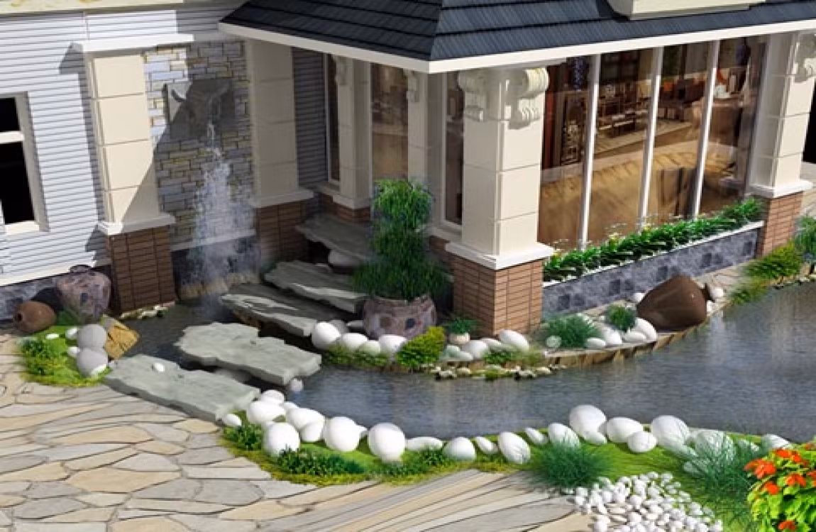 Những chi tiết nhỏ như viên sỏi quanh hồ cũng góp phần tô điểm nét riêng cho cảnh quan sân vườn. Ảnh: Tieucanhsanvuon.