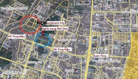 Sơ đồ cho thấy Goldmark City nằm ngay cạnh nghĩa trang Mai Dịch. Ảnh: Báo đất việt.