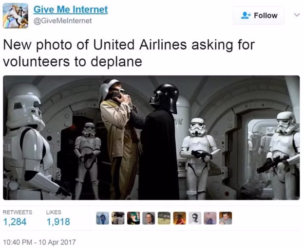 Câu chuyện kéo lê khách hàng của nhân viên United Airlines phong cách của chiến tranh giữa các vì sao. Ảnh: Twitter.