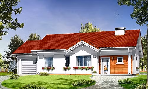 Nhà mái thái đỏ rực có gara để xe tiện dụng. Ảnh: Arcviet