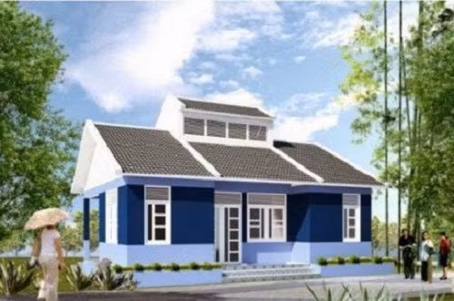 Vẫn là mẫu nhà ba gian truyền thống nhưng chủ nhà chọn mái xám kết hợp tường xanh mang đến sự độc đáo. Ảnh: NoithattreVietNam.