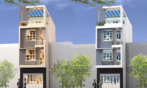 Kiến trúc nhà ống đơn giản với màu sắc nhẹ nhàng và cửa kính ở các tầng. Ảnh: Thietkethicongnhadep.