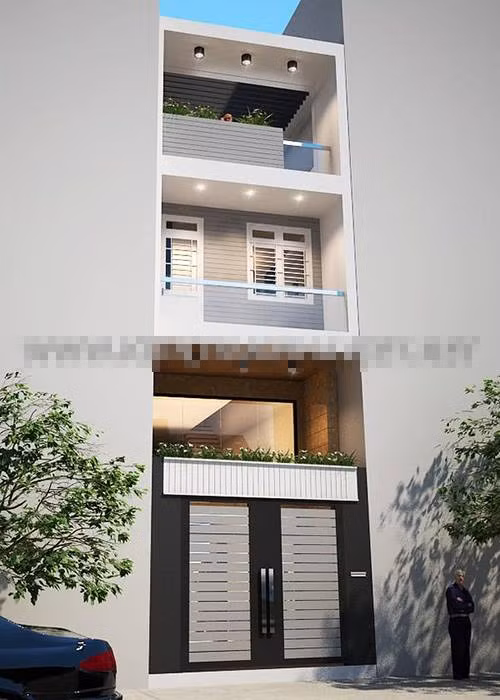  Nhà ống 3 tầng có tầng lửng, chừa 2 mét làm sân trước để tạo sự thông thoáng cho mặt tiền. Ảnh: Kientrucnhaviet.