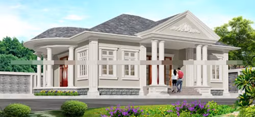 Biệt thự vườn 1 tầng cổ điển gồm 1 phòng ăn, 1 phòng khách, 3 phòng ngủ, 1 phòng thờ. Ảnh: Kientrucla.