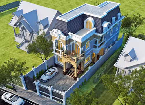 Thiết kế mái dốc truyền thống màu xanh ghi đặc trưng thể hiện nét cổ điển của kiến trúc nhà vườn giúp thoát nước nhanh. Ảnh: Vinatrends.