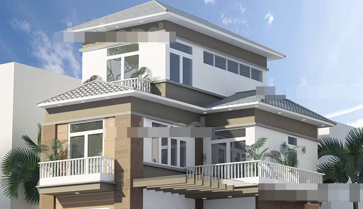 Biệt thự 2 tầng 1 tum mái dốc được thiết kế hiện đại với mặt tiền sang trọng. Ảnh: Vinatrend.