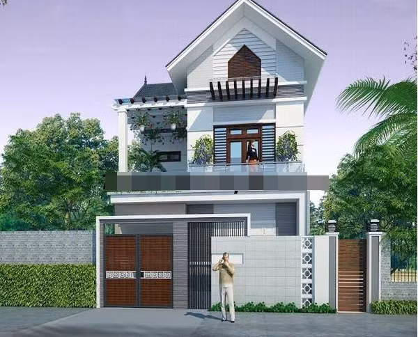 Mẫu biệt thự mini 2 tầng 1 tum theo phong cách hiện đại trên mái lợp tôn, chừa sân trước tiền sảnh chính và sân vườn trồng cây xanh. Ảnh: Thietkenhadepmoi.