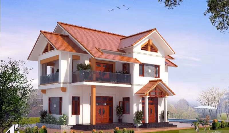 Mái ngói đỏ au cùng hệ thống cửa gỗ khiến ngôi nhà trông gần gũi thân thuộc không. Ảnh: Kientrucsuvietnam.