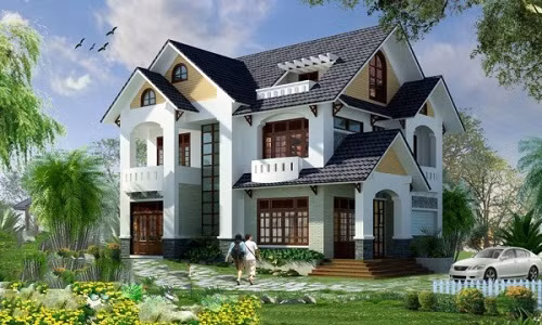 Đây là một trong các mẫu biệt thự 2 tầng mái thái điển hình của kiểu biệt thự 2 mặt tiền hiện đại và sang trọng. Ảnh: Thietkethicongnhadep.