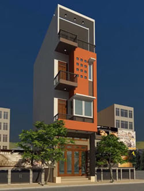 Mặt tiền của tầng 2 và 3 thiết kế lồi ra để tận dụng phần không gian phía trên. Bên trong tầng 1 gồm một nhà vệ sinh và một gác lửng. Tầng hai là phòng khách, phòng ngủ, nhà bếp, nhà vệ sinh. Tâng ba phía trước là phòng thờ, phía sau là hai phòng ngủ, nhà tắm, nhà vệ sinh. Ảnh: Moc Decor.