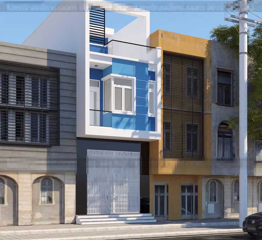 Ngôi nhà 3 tầng có điểm nhấn là hình khối và màu sắc. Vật liệu sử dụng hiện đại và thoáng, tiện trong sử dụng và bảo dưỡng. Ảnh: Kientrucdmc.