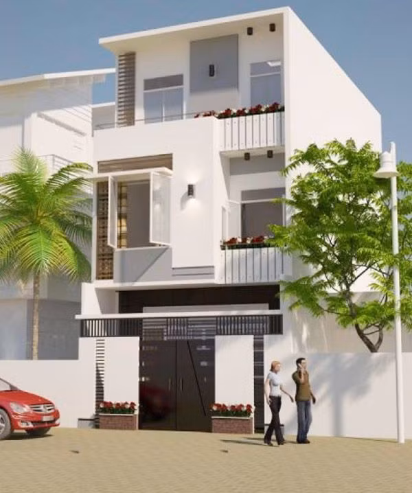 Nhà ống hình hộp với mặt tiền đơn giản. Nhà có nhiều cửa sổ, mỗi tầng có ban công giúp cho ngôi nhà thêm sang trọng, tinh tế. Ảnh: Gamevn.