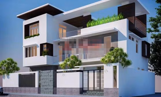 Nhà 3 tầng hút mắt người xem bởi thiết kế mới mẻ. Lợi dụng mặt tiền rộng, gia chủ tạo nên những khối hình hộp khác biệt, xếp chồng lên nhau. Ảnh: Angcovat.