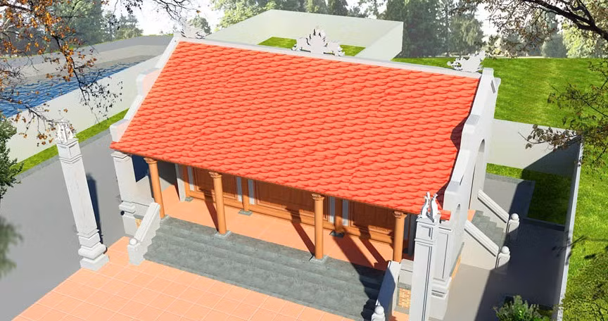 Mẫu nhà thờ tổ gồm 2 mái, 3 hàng lang, chất liệu bê tông sơn giả gỗ. Chân cột bằng đá và cửa bằng gỗ lim. Ảnh: Arial.